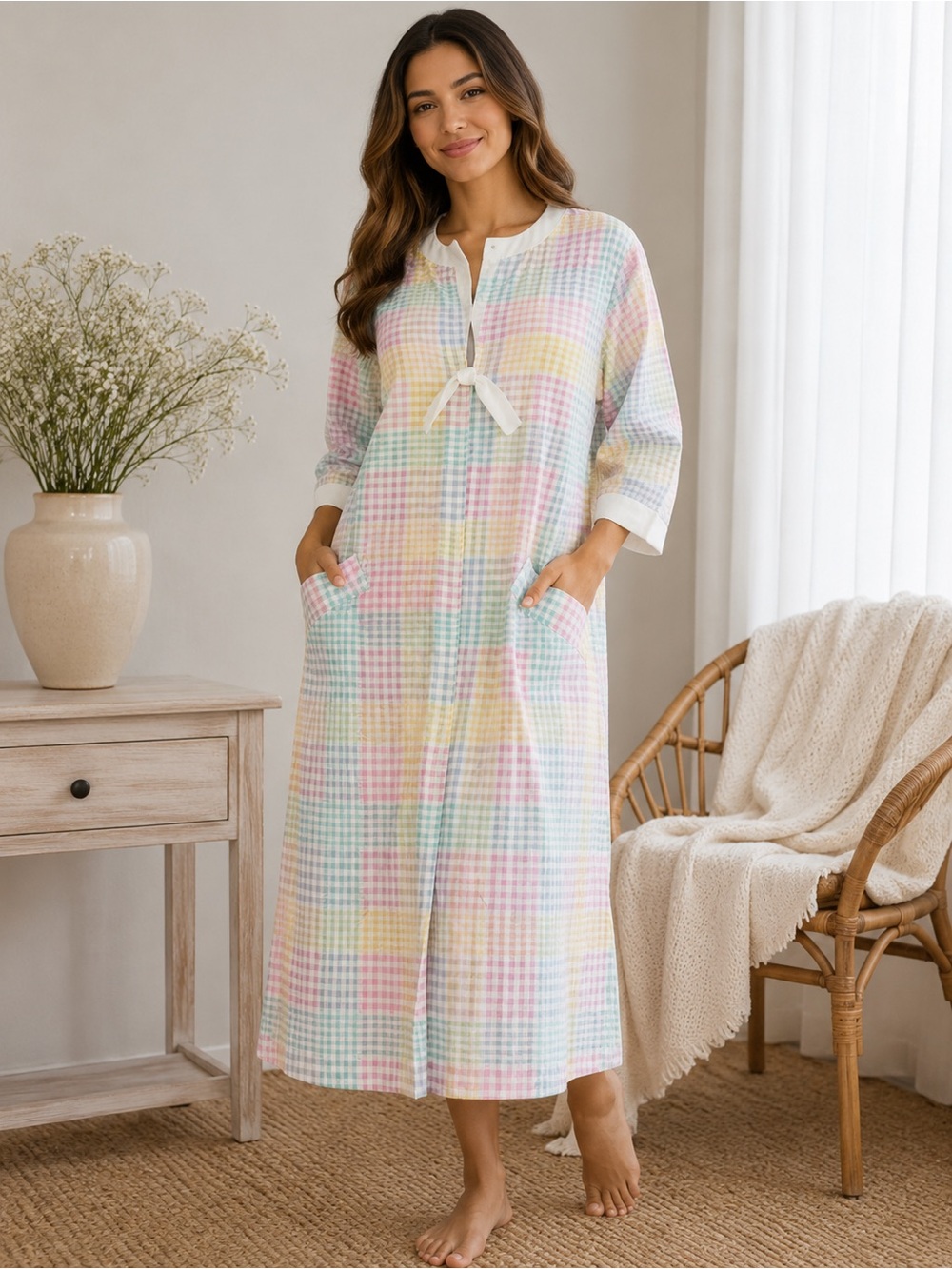 Vintage Flo Weinberg Originals Pastel Plaid House Dress Nightgown Made in USA
